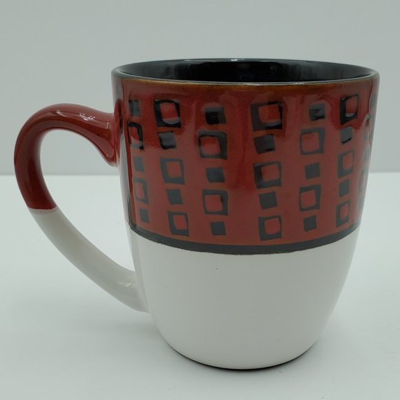 Pfaltzgraff Everyday Jaxson Mugs Black Squares on Deep Brick Red Border - Picture 8 of 9